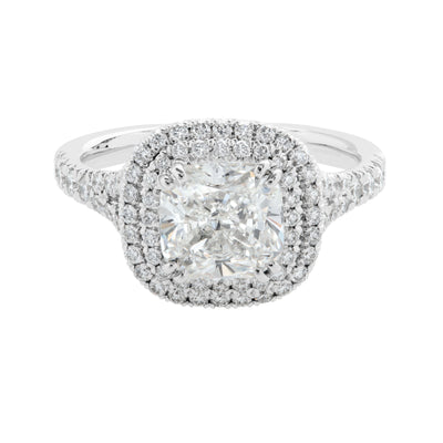 Double Diamond Halo Pavé-Set Cushion Center Engagement Ring in Platinum, 2.53cttw