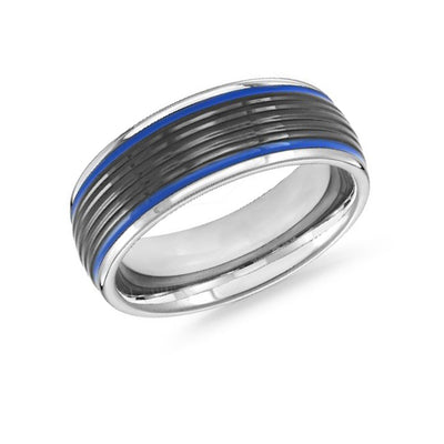 8mm Black and White Tungsten Steel Band with blue Stripes