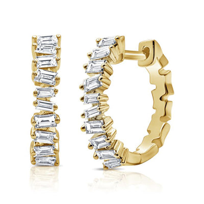 Jagged Baguette Diamond Huggie Earrings in 14K Yellow Gold, 0.60cttw