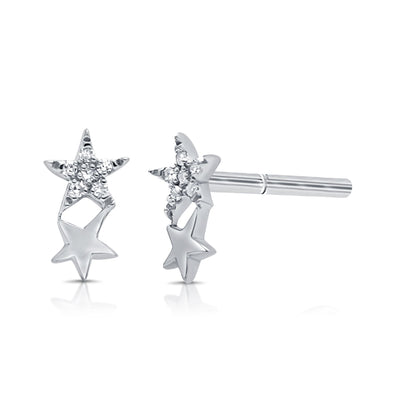 Diamond Double Star Earrings in 14K White Gold