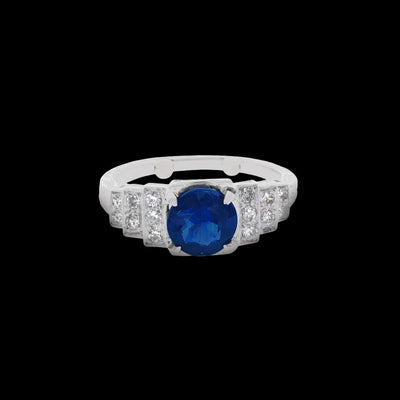 Tapper's Estate Collection | Platinum Diamond Flanked Round Blue Sapphire Ring, 1.10cttw