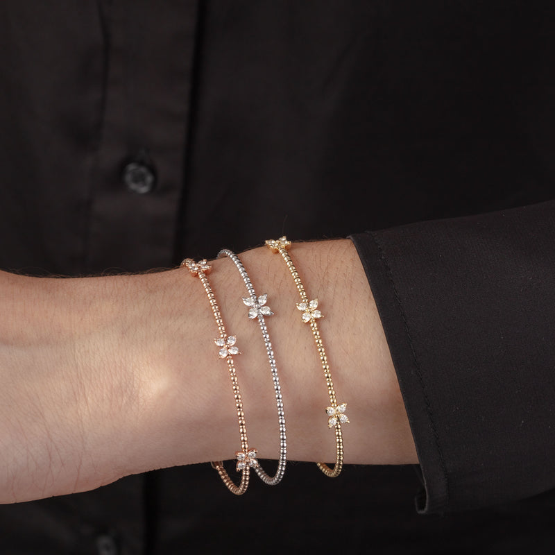 Titanium Diamond Flower Station Flex Bangle Bracelet in 14K Yellow Gol