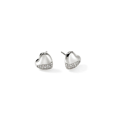 Sterling Silver and Diamond Heart Pebble Stud Earrings