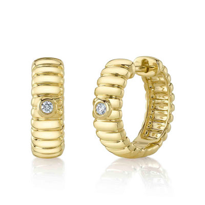 Diamond Bezel Ridged Huggie Earrings in 14K Yellow Gold