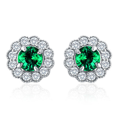 Diamond Flower Halo Round Emerald Stud Earrings in 14K White Gold, 1.51cttw