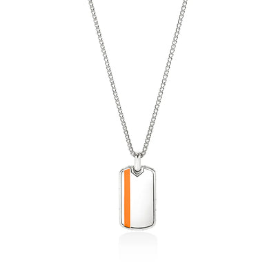 Sterling silver tag pendant necklace with orange enamel, 22"