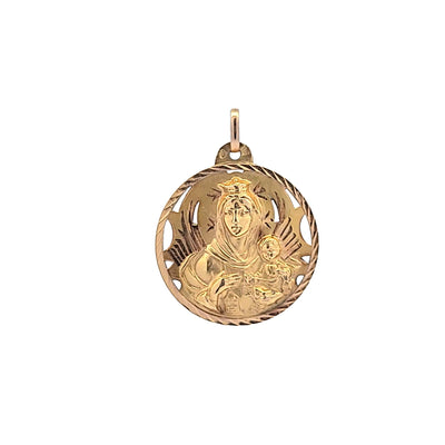 ESTATE 18K YELLOW RELIGIOUS CHARM 28MM DIAMETER - CARMINE MADONNA & SACRED HEART