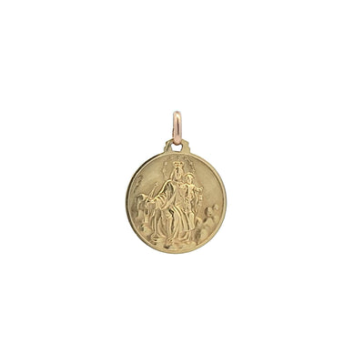 ESTATE 18K YELLOW RELIGIOUS CHARM, 21MM DIAMETER - CARMINE MADONNA  & SACRED HEART