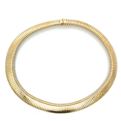 ESTATE 14K YELLOW TUBOGAS FLEXIBAL COLLAR NECKLACE 11.5MM WIDE 15 INCHES LENGTH