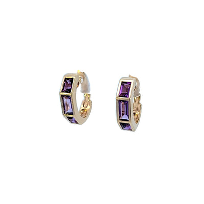 ESTATE 14K YELLOW AMETHYST BAGUETTE HOOP EARRINGS, 1.25 CTW, 5/8 INCH LONG