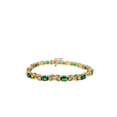 ESTATE 18K YELLOW EMERALD AND DIAMOND BRACELET, 7 INCHES LONG