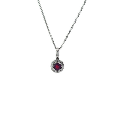 ESTATE 14K WHITE RUBY AND DIAMOND PENDANT NECKLACE, 0.40 CT RUBY, 0.30 DIA CTW, 16-18 INCHES LONG