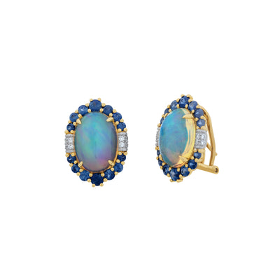 14K Yellow Gold Diamond and Opal  and Sapphire Earrings