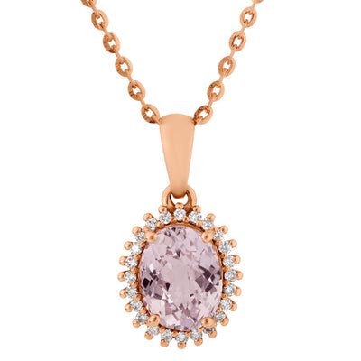 Diamond Halo Oval Kunzite Necklace in 14K Rose Gold, 2.14cttw