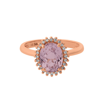 Diamond Halo Oval Kunzite Ring in 14K Rose Gold, 2.47cttw