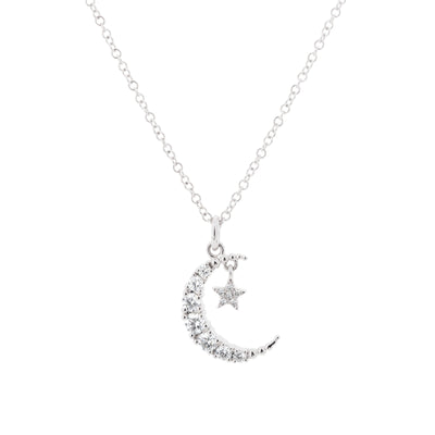 14K White Gold Diamond Crescent Moon and Star Necklace