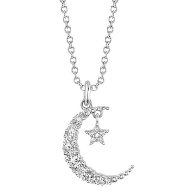 14K White Gold Diamond Crescent Moon and Star Necklace