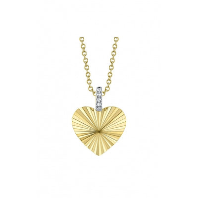 Diamond Bail Fluted Heart Pendant Necklace in 14K Yellow Gold