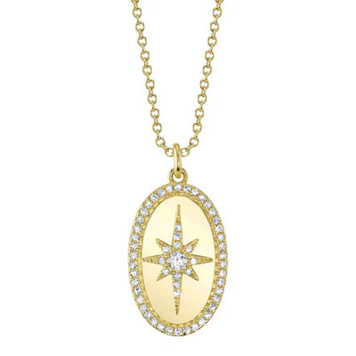 Diamond-Lined Oval 8-Pointed Star Medallion Necklace in 14K Yellow Gold