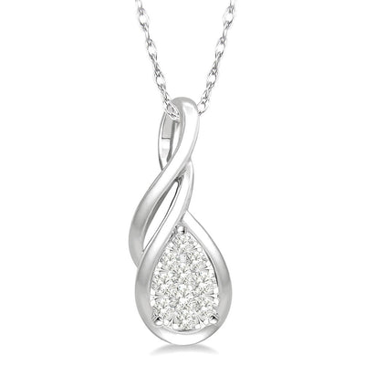 Pear Shape Diamond Cluster Pendant Necklace in 14K White Gold, 0.12cttw