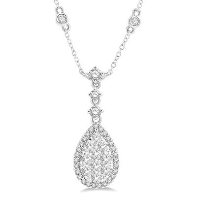 Bezel-Set Diamond Stations and Halo Pear Cluster Pendant Necklace in 14K White Gold, 0.96cttw