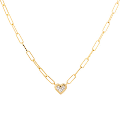 14K Yellow Gold Paperclip Chain Diamond Heart Necklace