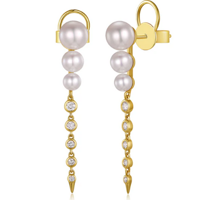 Cultured Pearl and Bezel-Set Diamond Drop Earrings in 14K Yellow Gold, 1.22cttw