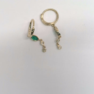 Bezel-Set Diamond and Marquise Emerald Dangle Earrings in 14K Yellow Gold, 0.38cttw