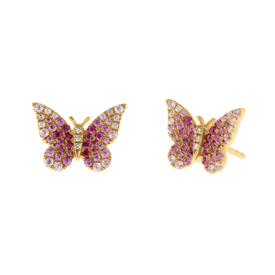Ombré Pink Sapphire Diamond Butterfly Stud Earrings in 14K Yellow Gold, 0.57cttw