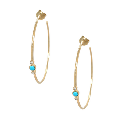Bezel-Set Diamond and Turquoise Hoop Earrings in 14K Yellow Gold, 0.33cttw