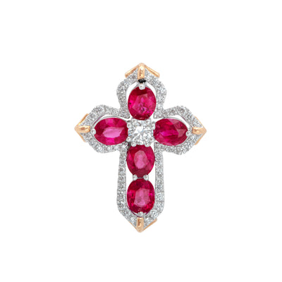 18K White and Yellow Gold Ruby and Diamond Cross Pendant