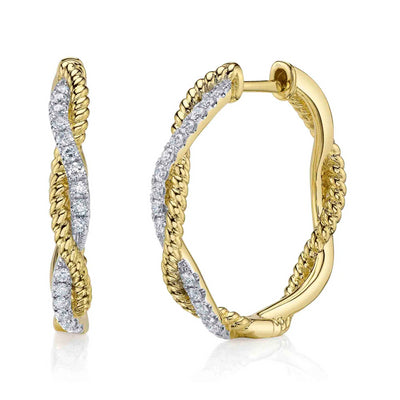 Diamond & Rope-Textured Twisted Hoop Earrings in 14K Yellow Gold, 0.42cttw