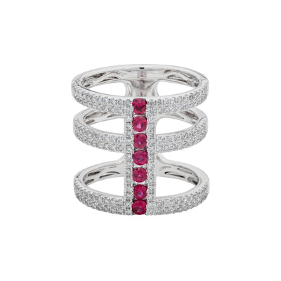 18K White Gold Ruby and Diamond Triple-Row Ring