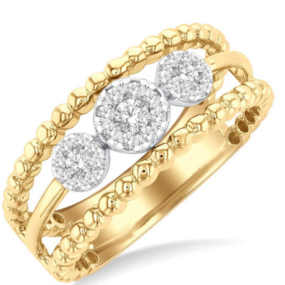 14K White and Yellow Gold Diamond Three-Row Ring