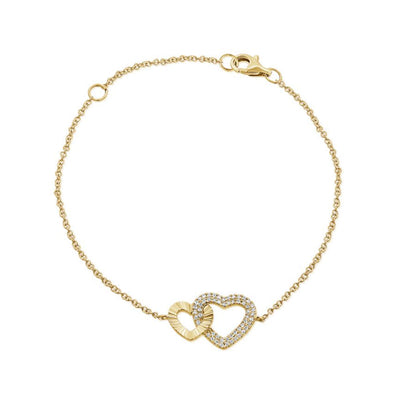 Interlocking Diamond and Fluted Heart Bracelet in 14K Yellow Gold, 0.15cttw