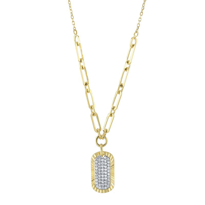 Fluted Pavé Diamond Dog Tag Link Necklace in 14K Yellow Gold, 0.15cttw