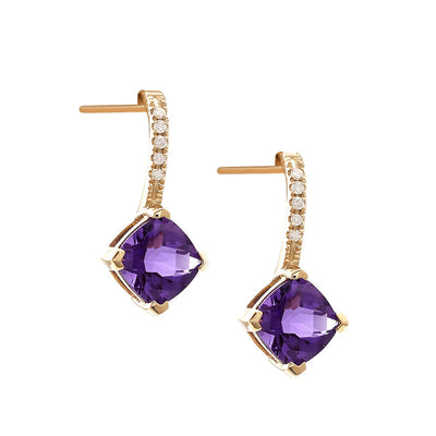 Round Amethyst and Diamond-Lined Drop Earrings in 14K Yellow Gold, 1.04 cttw