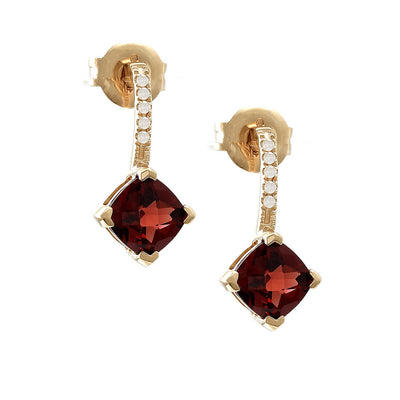 Cushion-Cut Red Garnet and Diamond Drop Earrings in 14K Yellow Gold