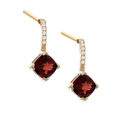 Cushion-Cut Red Garnet and Diamond Drop Earrings in 14K Yellow Gold