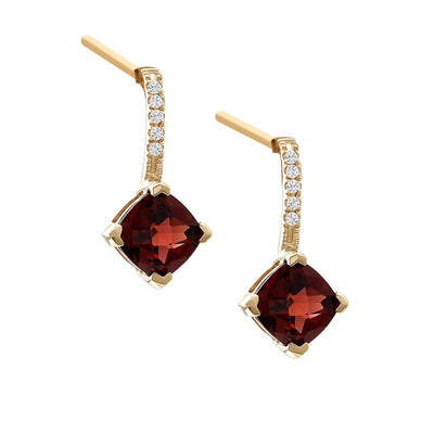 Cushion-Cut Red Garnet and Diamond Drop Earrings in 14K Yellow Gold