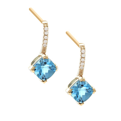 14K Yellow Gold Blue Topaz and Diamond  Earrings