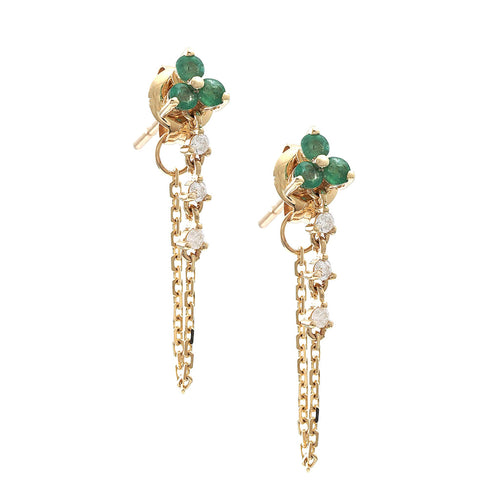 Emerald Clover and Diamond Chain Drop Earrings in 14K Yellow Gold, 0.30cttw