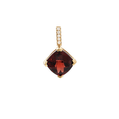 Cushion-Cut Red Garnet and Diamond Drop Pendant in 14K Yellow Gold