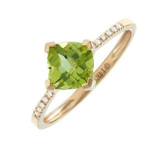 Cushion-Cut Peridot and Diamond Ring in 14K Yellow Gold, 0.97cttw