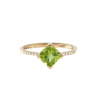 Cushion-Cut Peridot and Diamond Ring in 14K Yellow Gold, 0.97cttw