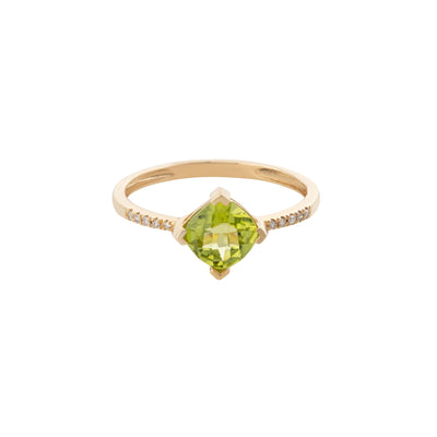 Diamond Accent Cushion-Cut Peridot Ring in 14K Yellow Gold, 0.97cttw