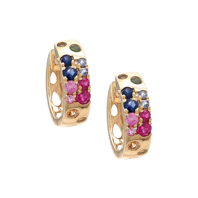 Multi-Colored Gemstone Huggie Earrings in 14K Yellow Gold, 0.65 cttw