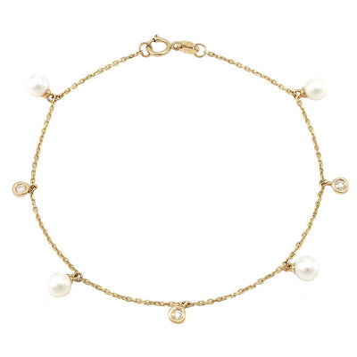 Cultured Pearl and Diamond Bezel-Set Bracelet in 14K Yellow Gold