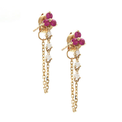 Trio Ruby & Diamond Drop Chain Earrings in 14K Yellow Gold, 0.32cttw