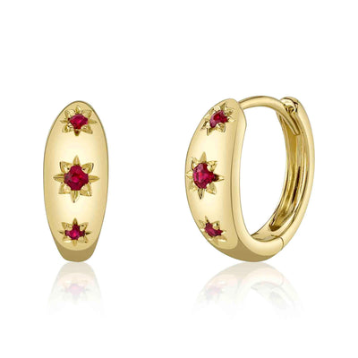 Ruby Star-Setting Huggie Earrings in 14K Yellow Gold